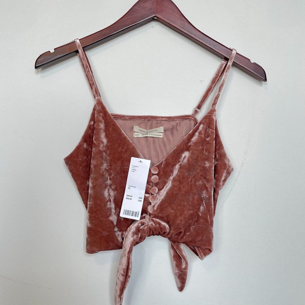 Urban Outfitters Pink Crushed Velvet Button Crop Tank Tie Front Festival Cami S